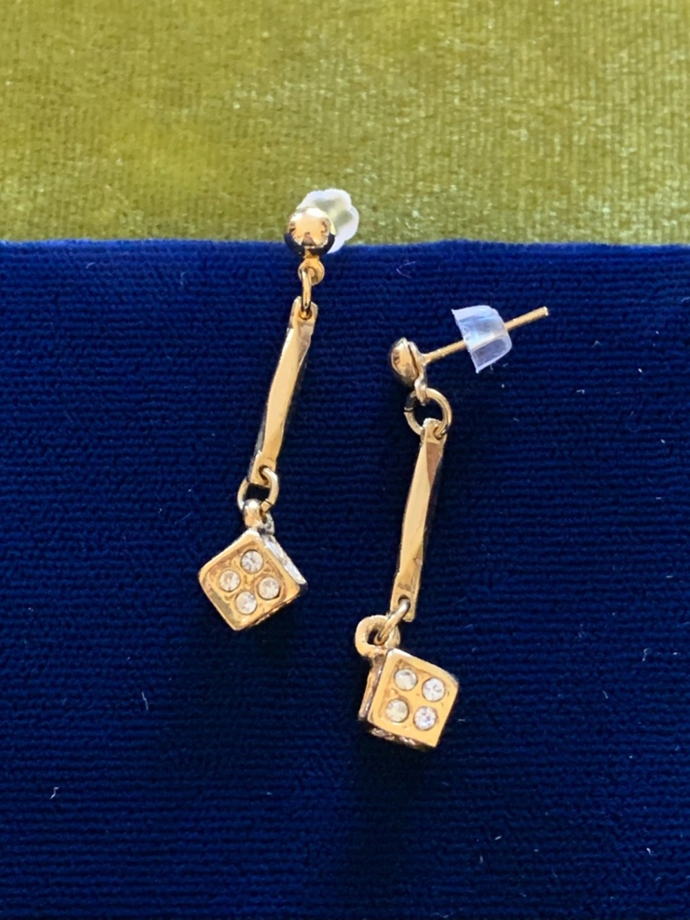 Vintage Gold-Tone Drop Earrings with Rhinestone Cube Charms